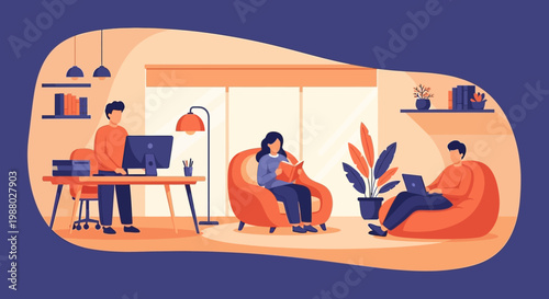 People working and relaxing in a modern office space.