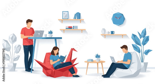 People working and relaxing in a modern office space.