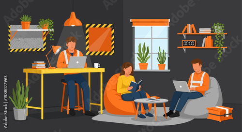 People working and relaxing in a modern office space.