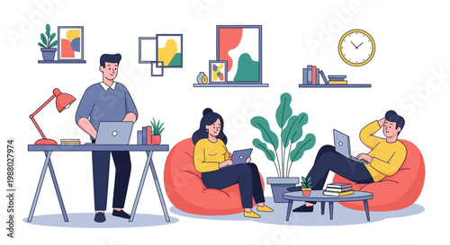 People working and relaxing in a modern office space.