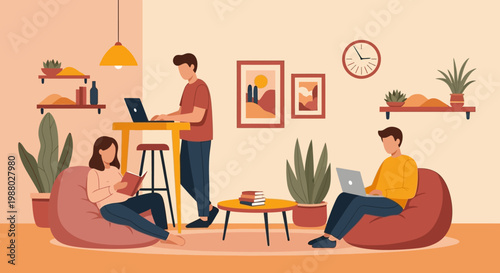 People working and relaxing in a cozy home office environment.