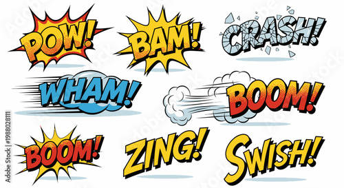 Colorful comic book sound effects set with action onomatopoeia