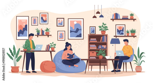 People working and relaxing in a cozy home office environment.