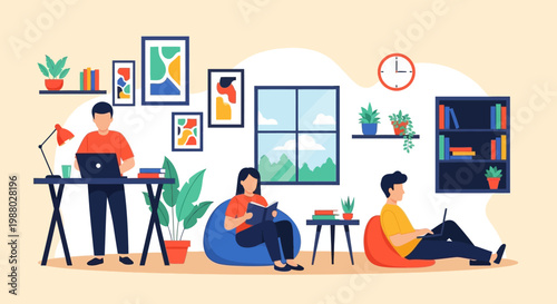 People working and relaxing in a cozy home office.