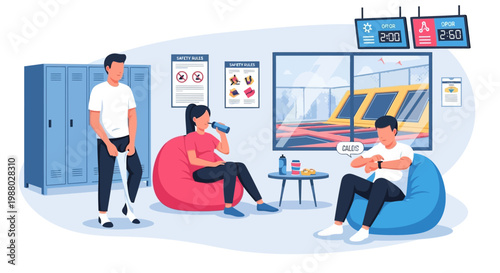 People relaxing in a modern lounge area after activity.