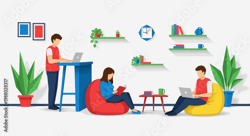 People working and relaxing in a modern office space.