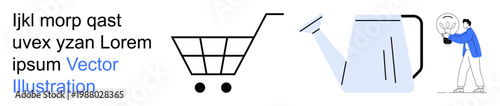 E-commerce, sustainability, innovation, gardening, education, creativity. Minimalist shopping cart, watering can and person holding a light bulb. E-commerce and sustainability through clean design