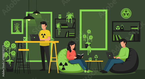 People Relaxing in a Modern Lounge with Radioactive Symbols.
