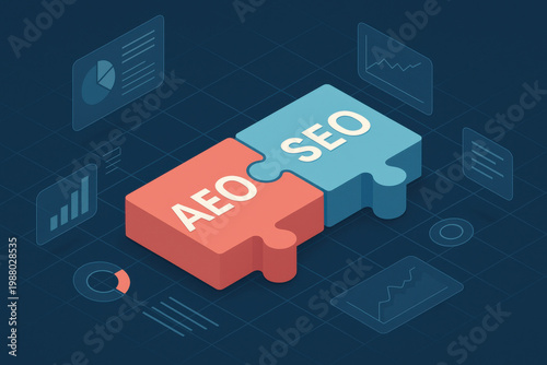 Isometric business concept with AEO and SEO as connected puzzle pieces. futuristic interface with data visualization floats around clean, corporate digital marketing strategy
