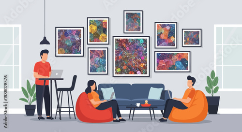 People Relaxing in Modern Living Room with Art.