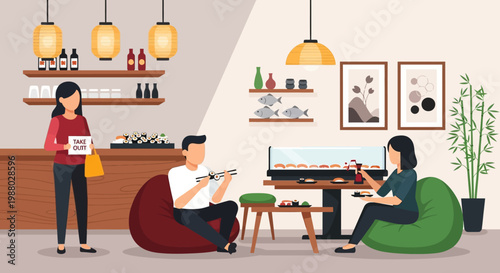 People enjoying sushi at a modern restaurant.