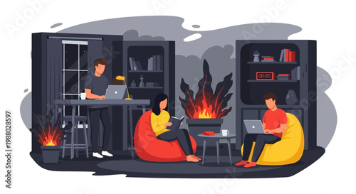 People working and relaxing in a cozy room with a fireplace.