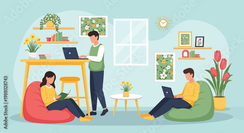 People working and studying in a comfortable home environment.