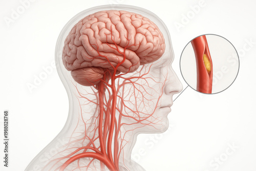 Medical illustration of human brain anatomy and carotid artery system. detailed look at plaque buildup, atherosclerosis, and concerning stroke risk inside vascular system