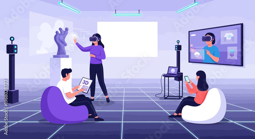 People Experiencing Virtual Reality Technology in a Modern Room.