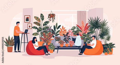 People working and relaxing in a lush indoor plant oasis.