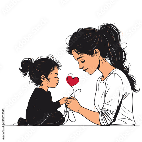 Mother and daughter holding hands with heart, motherhood love concept, minimal vector line art illustration
