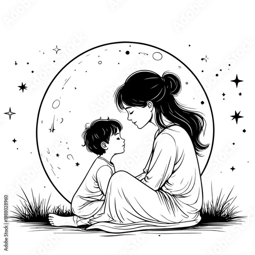Mother and son, under moon, family love scene, minimal black and white vector line art illustration