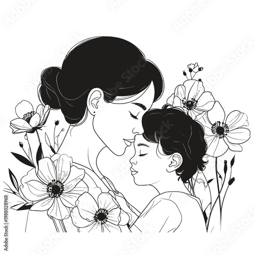 mom and baby, vector illustraion for mother's day, flower decor, black and white linear illustration