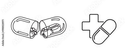 A simple line drawing of a medical capsule and cross symbolizing health and medicine