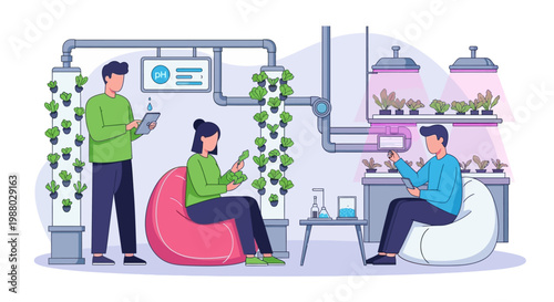 People tending to vertical hydroponic farm indoors.