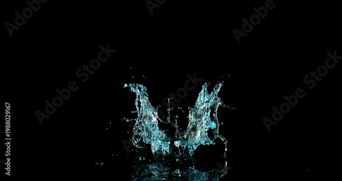 Super slow motion (1000 fps) water splash with dynamic asymmetric shape, isolated on black background. Cinematic liquid motion with droplets, ideal VFX overlay for product placement.