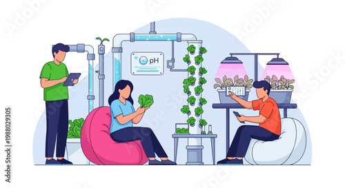 People tending to vertical hydroponic farm with advanced technology.