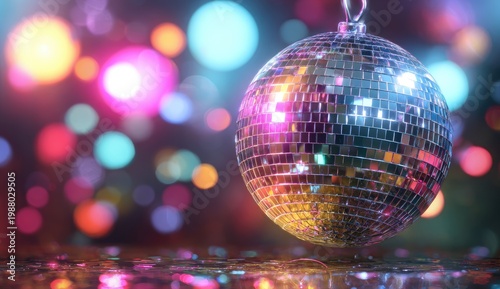 Hanging disco ball with shimmering reflections against a backdrop of colorful bokeh lights