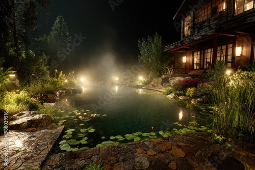 Warmly lit lodge overlooks a misty pond with lily pads and lush gardens at night