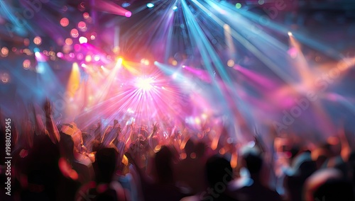 Energetic crowd silhouetted under vibrant pink and blue stage lights at a lively event