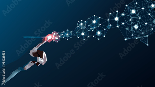 A robotic arm extends forward emitting a stream of interconnected glowing polygonal particles