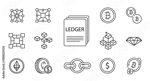 Digital currency and blockchain technology icons.