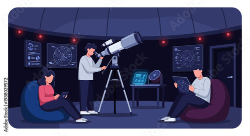 People observing stars with telescope in observatory.