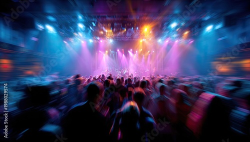 Dynamic scene concert crowd, bright stage, vivid lights, motion blur effect