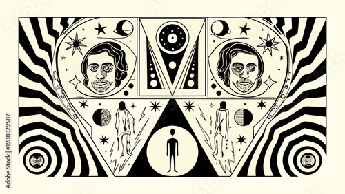 A striking black and white illustration featuring portraits figures and celestial motifs in a psychedelic style
