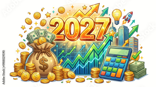 Financial growth and economic prosperity in 2027 concept illustration featuring gold coins, money bag, calculator, and rising graph arrows on a white background