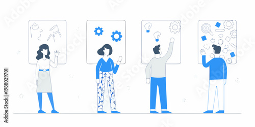 Four people interacting with digital screens displaying ideas and creative concepts