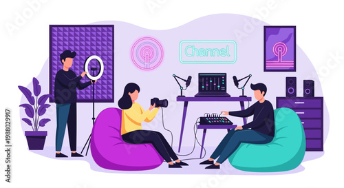 People recording podcast in a studio setting.