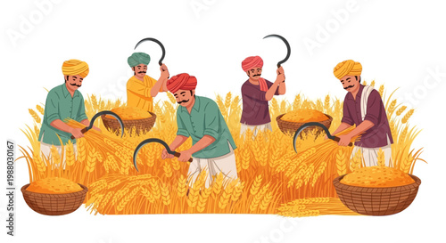 Illustrative agriculture India concept featuring farmers in traditional attire harvesting golden rice fields with sickles and baskets, depicted in a colorful, cartoon style against a clean
