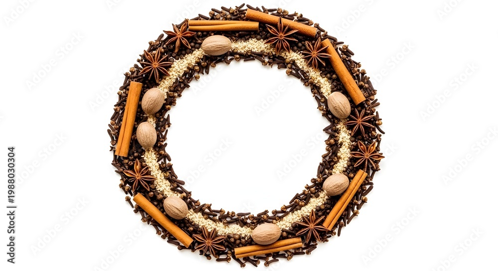 Obraz premium Spice wreath with cinnamon sticks and star anise on white background