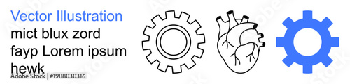 Engineering, biomechanics, health technology, medical research, machinery, innovation. Two gears and human heart in line art style. Biomechanics and engineering concept