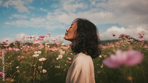 Woman enjoying spring flowers in blooming field