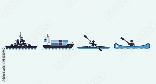Various watercraft including a warship cargo ship kayak and canoe.