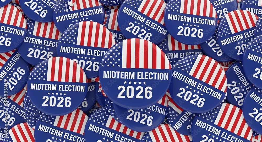 Fototapeta premium Many campaign buttons for the 2026 midterm election cover a white surface in a patriotic design.