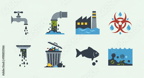 Environmental pollution icons representing water contamination and waste.