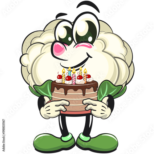 cute cauliflower mascot character bring a birthday cake, fresh vegetable cartoon vector illustration isolated on transparent background, work of hand drawn