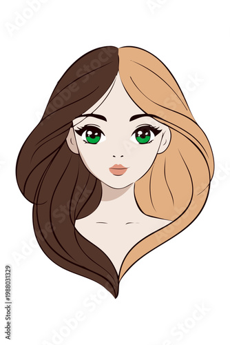 Logotipo de salón de belleza. Dibujo minimalista con líneas de la cara de una chica joven con cabello de dos colores, peinado con ondas