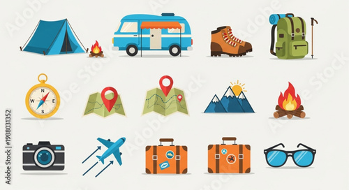 Collection of travel and camping icons and symbols.