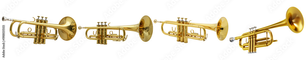 Obraz premium Four distinct brass trumpet 3D renders with polished finishes, isolated on a transparent background.