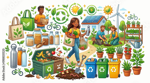 Vibrant illustration of sustainable living featuring characters gardening, recycling, composting, and using renewable solar energy for a green lifestyle concept